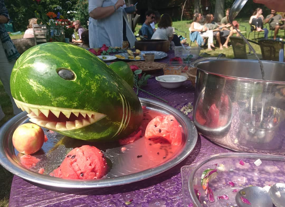 Watermelon shark centerpiece at an outdoor community table